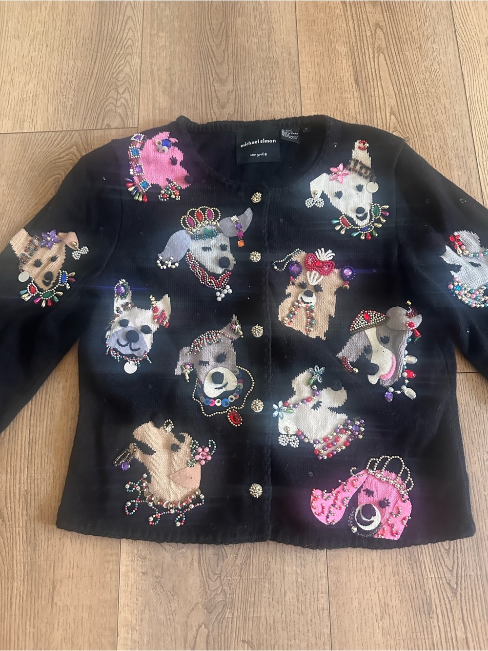 Michael Simon Black Embellished Dog Motif Sweater